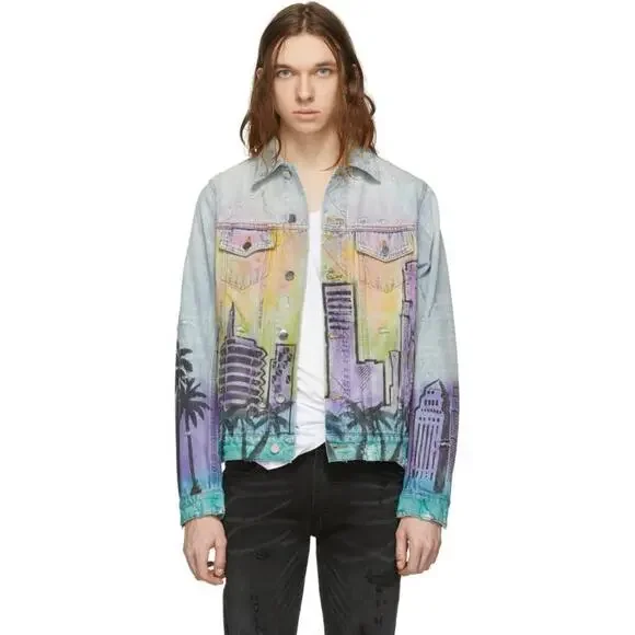NEW Sz M Medium Mens Amiri Los Angeles Indigo Denim Airbrush "Hollywood" Jacket - Picture 1 of 11